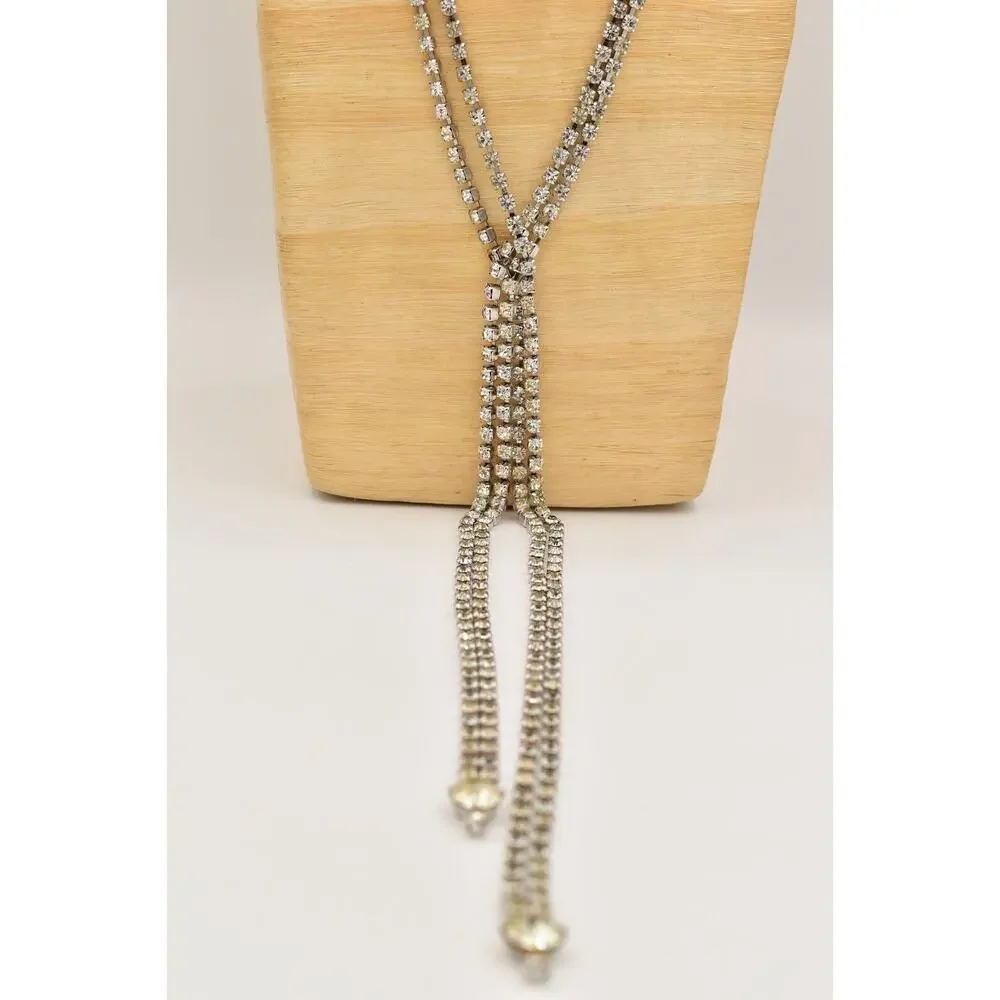 Vintage Crystal Necklace Prong Rhinestone Lariat Tie Wrap Retro Glitz 50s BinA17
